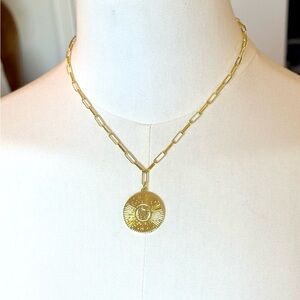 Gold Sunburst Disc Pendant Necklace - Paperclip Chain - 16-18”